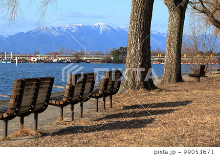 琵琶湖畔の公園のベンチと雪山 琵琶湖畔の公園のベンチと雪山 99053671