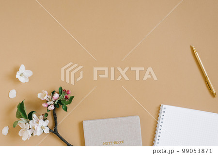 Flat lay e in beige tones for a self-employed freelance girl. Planner, pen and white flowers of apple tree. Sketchy notebook or notebook mockup. Flat lay e in beige tones for a self-employed freelance girl. Planner, pen and white flowers of apple tree. Sketchy notebook or notebook mockup. 99053871
