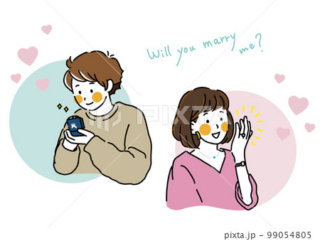 プロポーズの指輪を準備して微笑む青年と指輪をもらった女性のイラスト 99054805