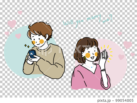 プロポーズの指輪を準備して微笑む青年と指輪をもらった女性のイラスト 99054805