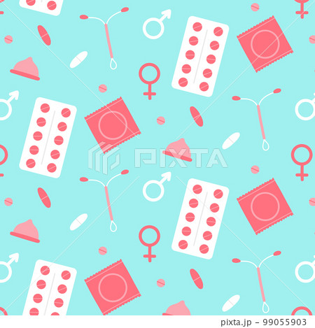 Seamless pattern with contraceptives. Vector illustration. Flat style. Medical print. Pattern with pill condoms. Seamless pattern with contraceptives. Vector illustration. Flat style. Medical print. Pattern with pill condoms. 99055903