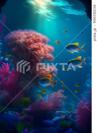 Colorful coral reef and fish. Clean underwater world scene. (Created with Generative AI technology) 99056036