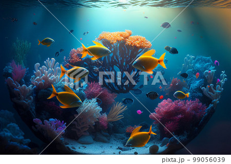 Colorful coral reef and fish. Clean underwater world scene. (Created with Generative AI technology) Colorful coral reef and fish. Clean underwater world scene. (Created with Generative AI technology) 99056039