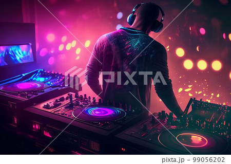 DJ player audio mixing electronic music in a nightclub party Created with Generative AI technology. DJ player audio mixing electronic music in a nightclub party Created with Generative AI technology. 99056202