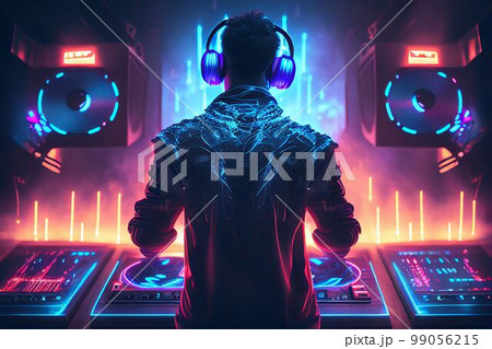 DJ player audio mixing electronic music in a nightclub party Created with Generative AI technology. 99056215