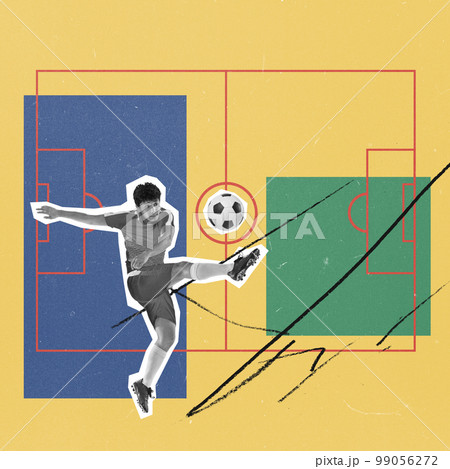 Modern creative design. Contemporary art. Young active man in uniform, playing football, hitting ball with leg in jump 99056272