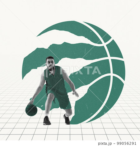 Modern creative design. Contemporary art. Dribbling. Young man in green uniform playing basketball, training over light background with drawings 99056291