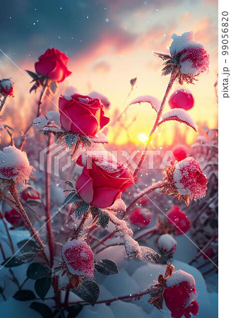 Red roses draped with frost snow Valentine's day background Created with Generative AI technology. Red roses draped with frost snow Valentine's day background Created with Generative AI technology. 99056820