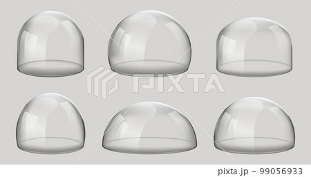 Glass domes. 3D Realistic spherical kitchen utensils, laboratory or exhibition cases. Vector set isolated glossy shape of showcase safety on gray background Glass domes. 3D Realistic spherical kitchen utensils, laboratory or exhibition cases. Vector set isolated glossy shape of showcase safety on gray background 99056933