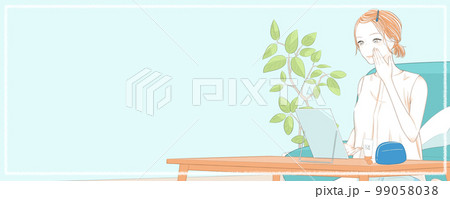 日焼け止めを顔に塗ってメイクする女性のイラスト(コピースペースあり) 日焼け止めを顔に塗ってメイクする女性のイラスト(コピースペースあり) 99058038