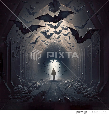 Human silhouette in dark underground tunnel filled with a swarm Human silhouette in dark underground tunnel filled with a swarm 99058266