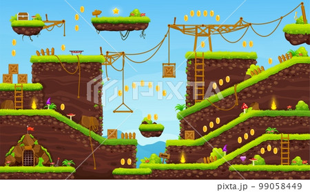 2d arcade game level cartoon map interface. Platform, key, stairs, coins and chest icons on console game screen. Computer retro arcade vector background with jumping platforms, ladders and boxes 2d arcade game level cartoon map interface. Platform, key, stairs, coins and chest icons on console game screen. Computer retro arcade vector background with jumping platforms, ladders and boxes 99058449