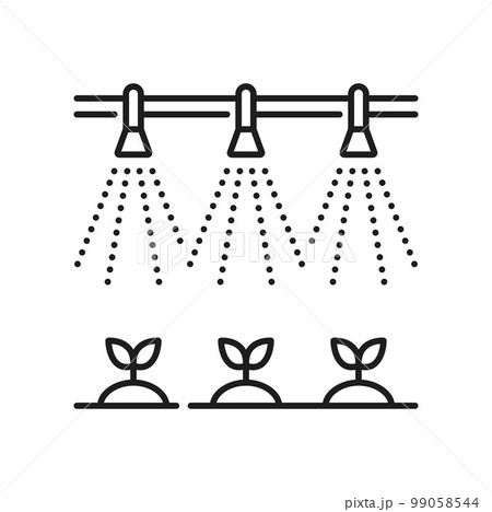 Farm field irrigation system icon. Farmland watering automatic system, field sprinkling technology or garden drip water equipment thin line vector sign. Gardening irrigation simple pictogram or symbol 99058544