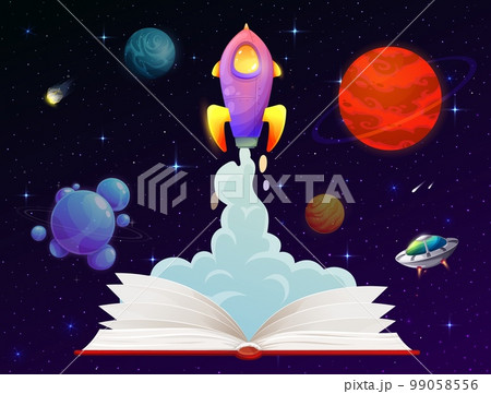 Opened book and rocket launch, fast start. Vector starship take off with cloud trail on starry space background with planets. Business startup project boost, interstellar travel, astronomy education 99058556