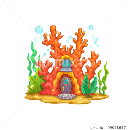 Cartoon underwater coral fairy house. Vector adorable princess mermaid home, fairy tale dwelling in reef with door, shell doorstep mat and seaweeds around. Fantasy architecture on sandy sea bottom 99058657