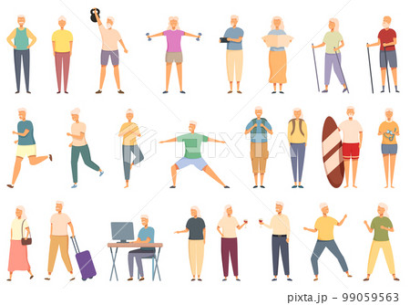Longevity icons set cartoon vector. Old senior. Sport people 99059563