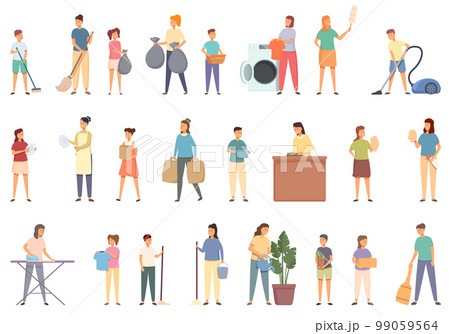 Children help mom icons set cartoon vector. Good kid. Helping cleaning 99059564