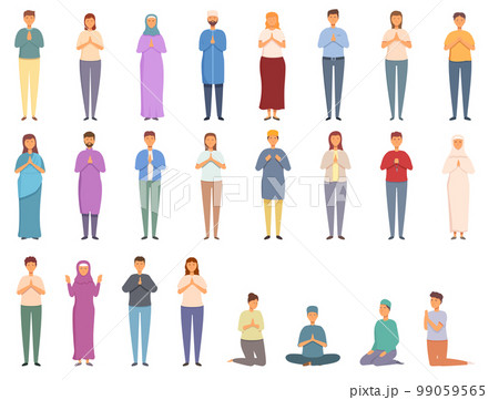 People pray icons set cartoon vector. Muslim carpet. Person prayer 99059565