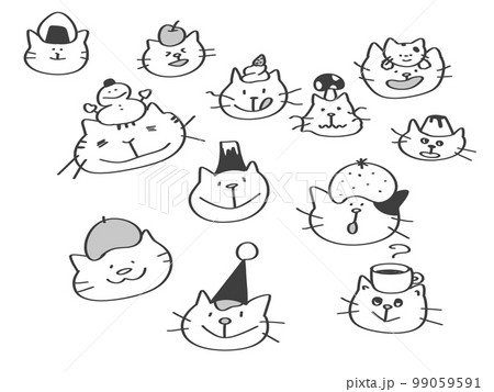 いろいろな帽子をかぶったねこ　モノクロ 99059591