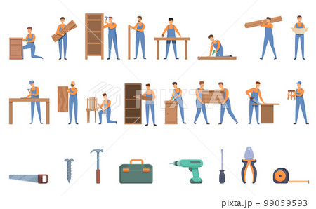 Furniture assembly icons set cartoon vector. Wood work. Design production Furniture assembly icons set cartoon vector. Wood work. Design production 99059593