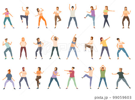 Zumba icons set cartoon vector. Female dancer. Woman fitness Zumba icons set cartoon vector. Female dancer. Woman fitness 99059603