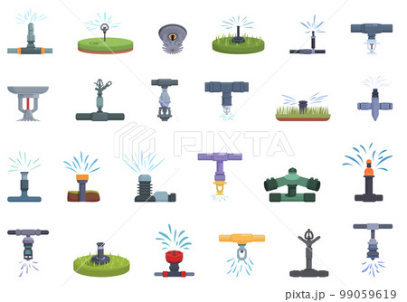Sprinkler system icons set cartoon vector. Water nature. Construction garden Sprinkler system icons set cartoon vector. Water nature. Construction garden 99059619