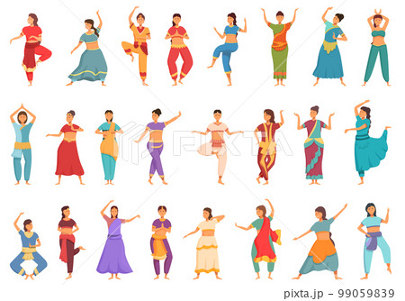 Indian girl dancer icons set cartoon vector. Indian dancer. Culture girl Indian girl dancer icons set cartoon vector. Indian dancer. Culture girl 99059839