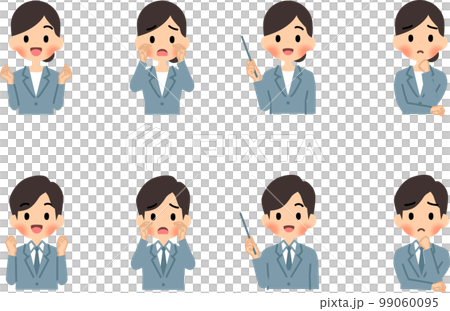スーツを着た男女の喜び・悲しみ・指示棒・ハテナのジェスチャーイラストセット 99060095