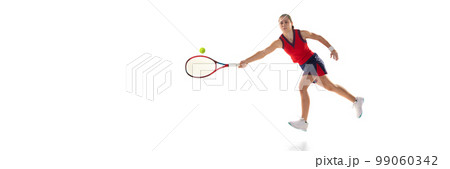 Studio shot of active teen girl, professional tennis player training with tennis racket over white background. Sport, fashion, ad, action, motion, achievement concept Studio shot of active teen girl, professional tennis player training with tennis racket over white background. Sport, fashion, ad, action, motion, achievement concept 99060342