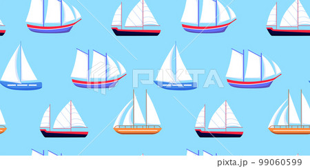 Sail boat, marine nautical boat pattern. Sailboat ship in ocean or sea, water regatta, summer nature. colorful childish print, decor textile, wrapping paper, wallpaper. Vector seamless recent elements Sail boat, marine nautical boat pattern. Sailboat ship in ocean or sea, water regatta, summer nature. colorful childish print, decor textile, wrapping paper, wallpaper. Vector seamless recent elements 99060599