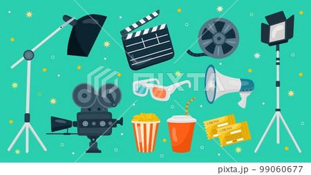 Cinema equipment. Movie theater icons, film elements. Video tape and camera, popcorn and glasses, clapperboard, bobbin and drink. Spotlight and tickets. Filmmaking tools. Vector isolated nowaday set 99060677