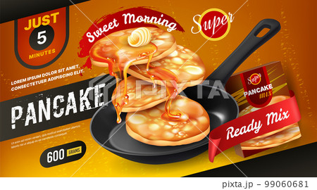Delicious pancake food, waffle ad. Flying box of honey and snacks, fruit brunch, realistic strawberry dessert in frying pan. Packaging product design. 3d elements. Vector advertising exact template 99060681