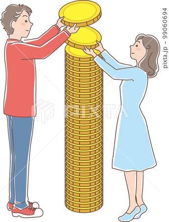 積み立て_金色のコインの積立_コインを重ねる男女_全身 積み立て_金色のコインの積立_コインを重ねる男女_全身 99060694