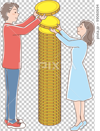 Accumulation _ accumulation of gold coins _ men and women stacking coins _ whole body 99060694