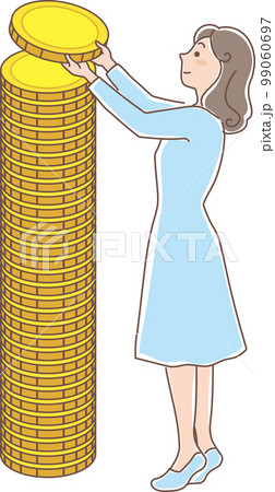積み立て_金色のコインの積立_コインを重ねる女性_全身 99060697