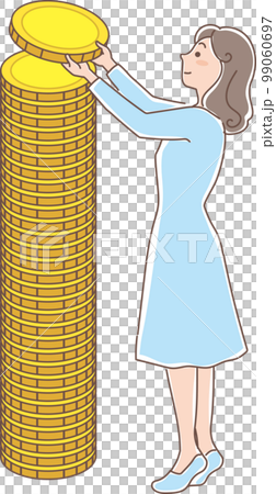 積み立て_金色のコインの積立_コインを重ねる女性_全身 99060697