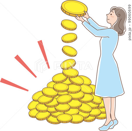 積み立て_金色のコインの積立_コインを山積みにする女性_全身 99060699
