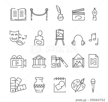 Museum art. Paint artist icons. Line sculpture or statue. Visual antique symbols. Theater and cinema. Sculptor or creator masterpieces. Palette and paintbrush. Vector outline garish pictograms set 99060702