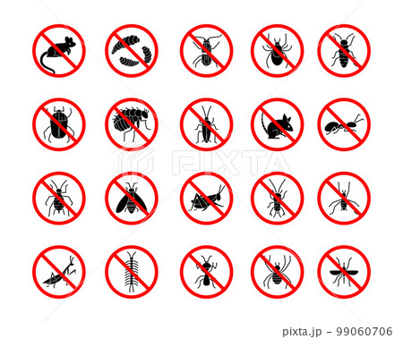 Bug insecticide. Anti insect or rat icons. Red crossed symbols. Fly pest black silhouette. Stop mosquito sign. Harmful animals. Tick repellent. Cockroach pesticide. Vector garish forbidden signs set 99060706