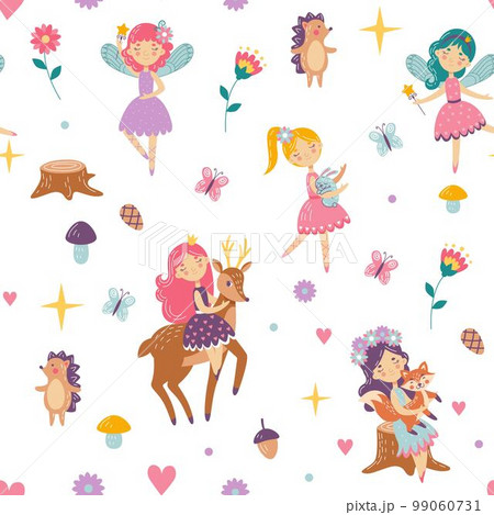 Cute girls, childish fairy pattern. Fantasy baby princess with forest animals, fox and deer wallpaper for nursery, kids and pink flowers. Decor textile, t-shirt print. Vector seamless tidy background 99060731