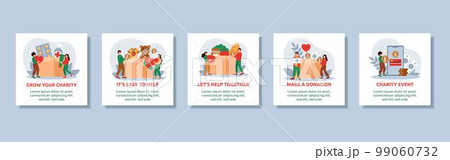 People donate food and clothing. Charity help app. Community give money. Work from heart. Donation box. Support welfare fund. Humanitarian assistance. Square banners set. Vector mobile tidy concepts 99060732