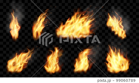 Fire flame. Realistic burn effect. Hot combustion. Spark and smoke. Hell blaze. Red and dark fireplace. Fiery explosion. Torch light. Orange bonfire elements set. Vector isolated neoteric illustration 99060789