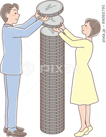 積み立て_銀色のコインの積立_コインを重ねる男女_全身 積み立て_銀色のコインの積立_コインを重ねる男女_全身 99060795