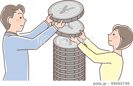 積み立て_銀色のコインの積立_コインを重ねる男女_上半身 積み立て_銀色のコインの積立_コインを重ねる男女_上半身 99060796