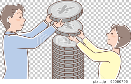 積み立て_銀色のコインの積立_コインを重ねる男女_上半身 積み立て_銀色のコインの積立_コインを重ねる男女_上半身 99060796