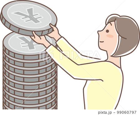 積み立て_銀色のコインの積立_コインを重ねる女性_上半身 積み立て_銀色のコインの積立_コインを重ねる女性_上半身 99060797