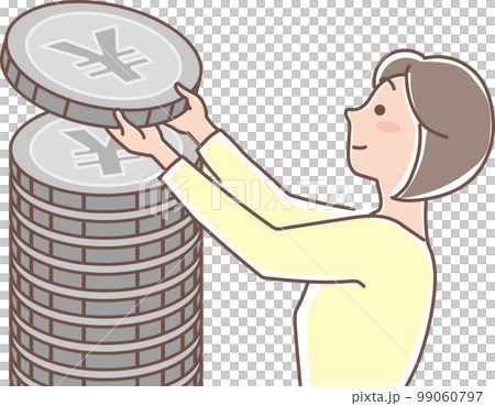 積み立て_銀色のコインの積立_コインを重ねる女性_上半身 積み立て_銀色のコインの積立_コインを重ねる女性_上半身 99060797