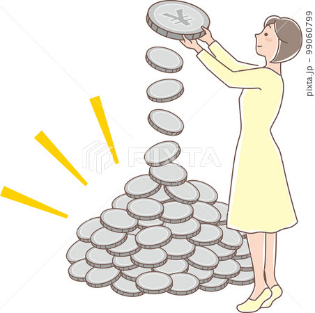 積み立て_銀色のコインの積立_コインを山積みにする女性_全身 積み立て_銀色のコインの積立_コインを山積みにする女性_全身 99060799