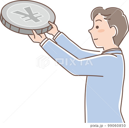 積み立て_銀色のコインの積立_コインを掲げる男性_上半身 99060850