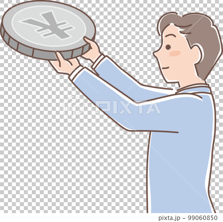 積み立て_銀色のコインの積立_コインを掲げる男性_上半身 99060850